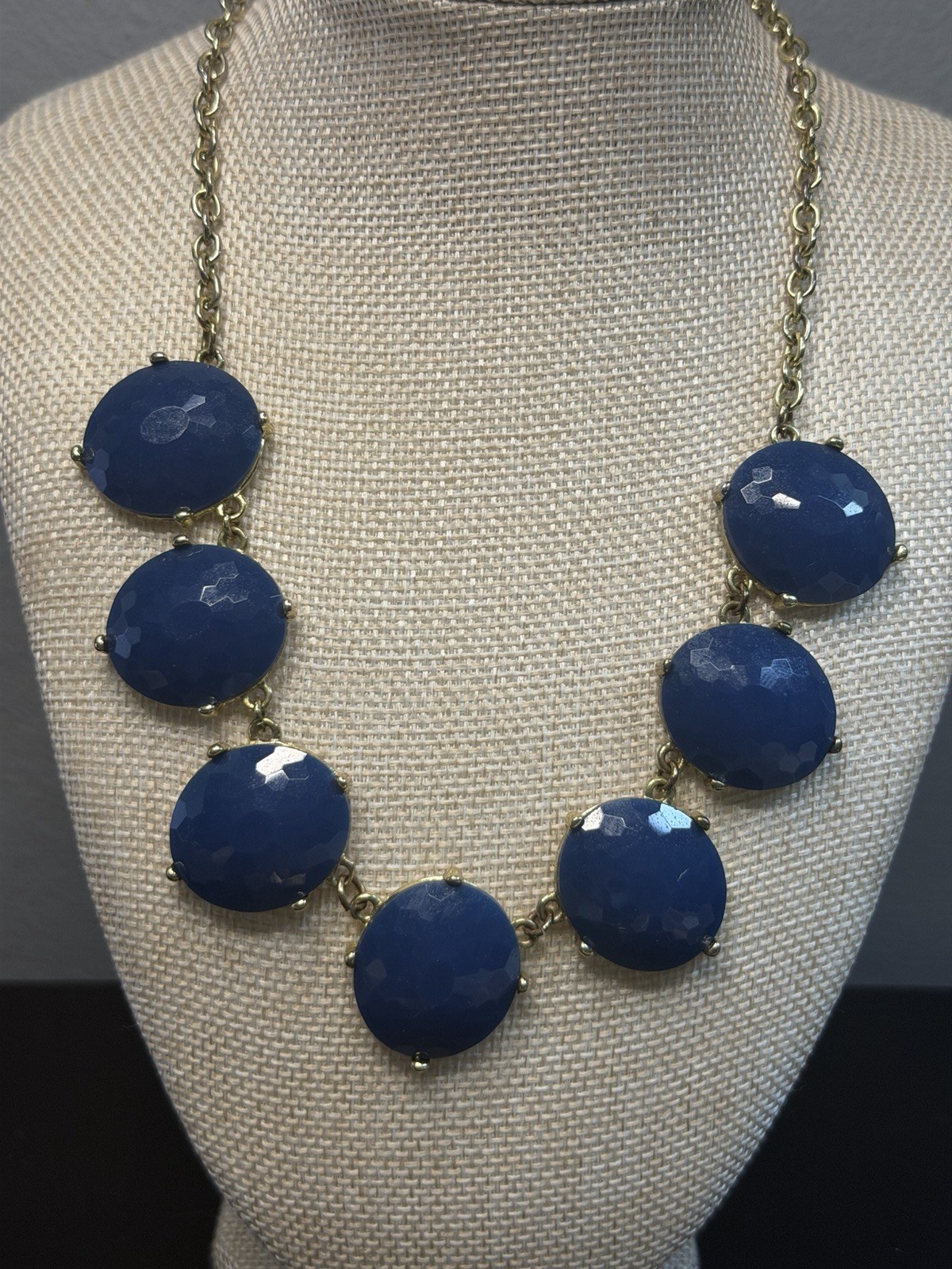 Blue Round Disc Statement Necklace Metal Gold Tone Cable Chain 7 Gemstones