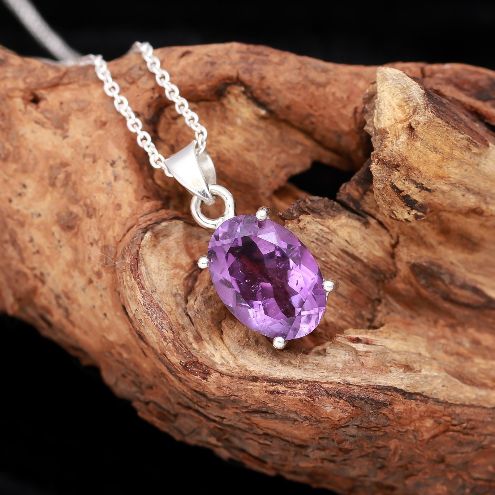 Natural Pink Amethyst Oval Chain Pendant 925 Sterling Silver Minimalist Jewelry