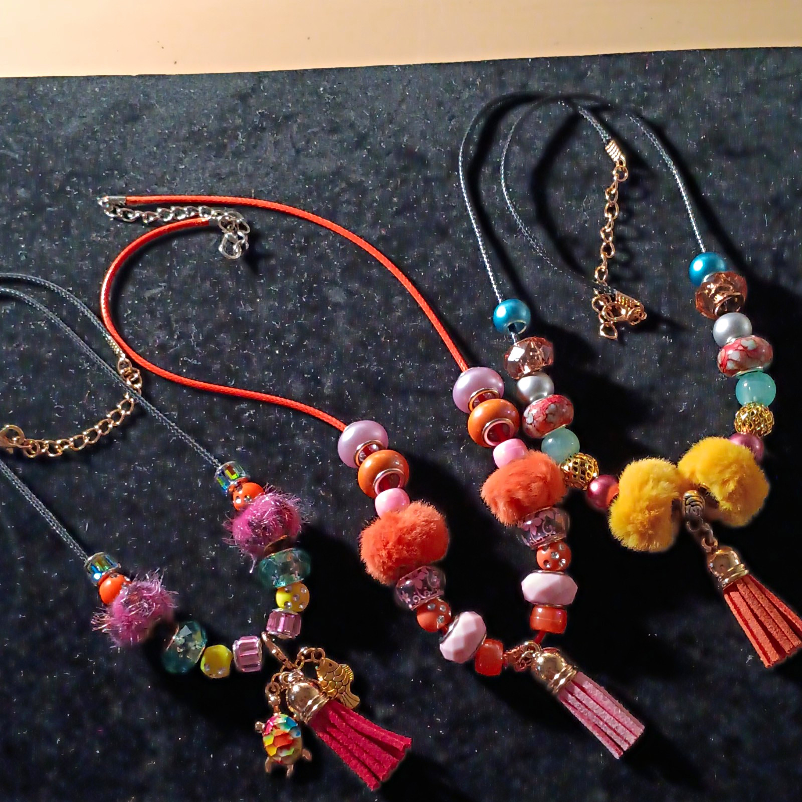 Handmade Beaded Cord Tassel Charm Necklaces Lot of 3 Boho Lobster Clasp