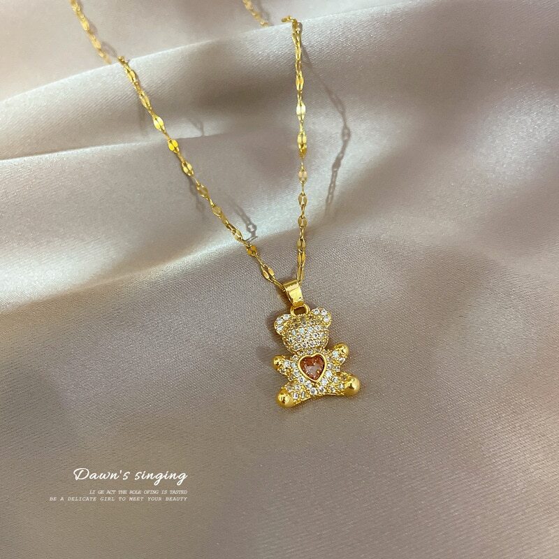 Women’s Fashion Gold Or Silver Teddy Bear Pink Heart Cubic Zircon Necklace 1-264