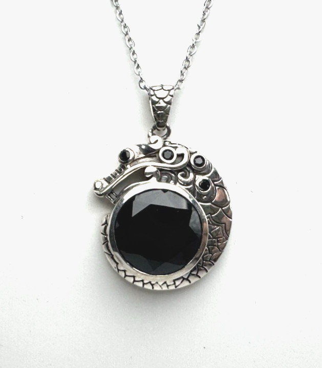 925 Sterling Silver Dragon Pendant Necklace 15mm Thai Black Spinel steel chain