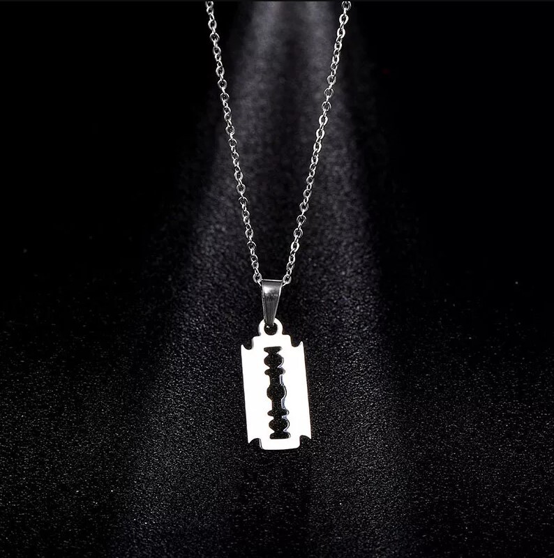 Silver Stainless Steel Silver-Tone Razor Blade Pendant Necklace