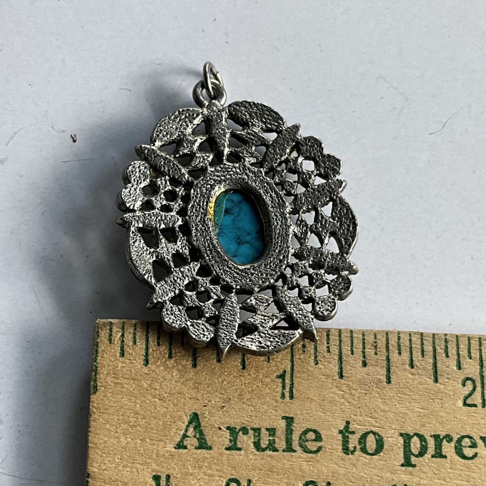 Vintage Style Turquoise Pendant Oval Cabochon & Marquise Silver Tone Fashion