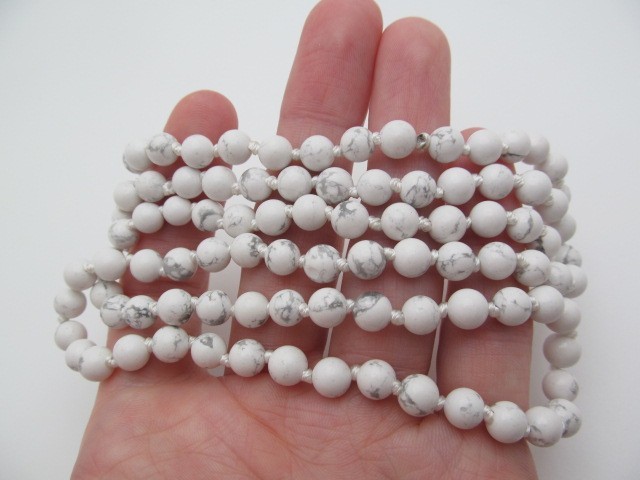 White Marbled Grey Natural Howlite 6.5mm Knotted Stone Necklace 30 In