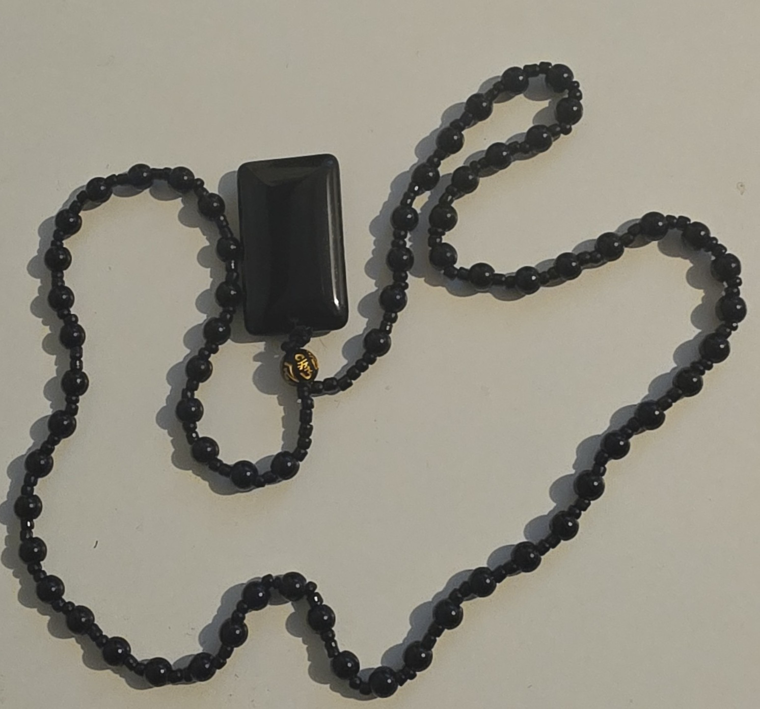 Black Stone Beaded Ball Chain Necklace with Rectangular Charm Pendant