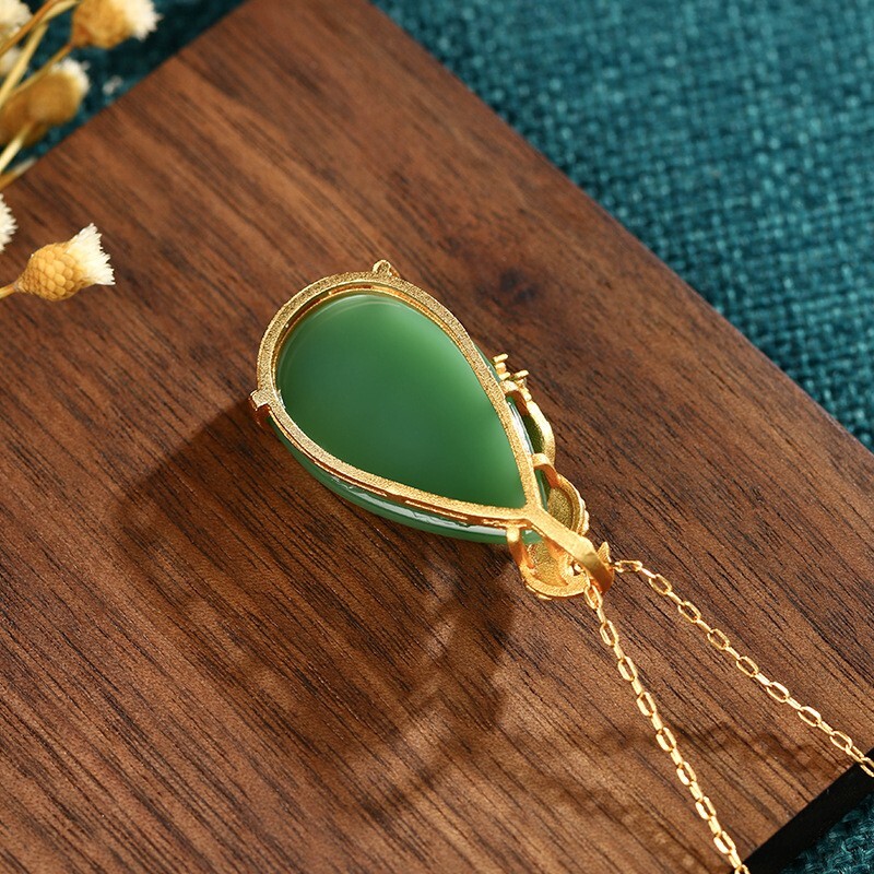 Jade Pendant Necklace Charm 18K Gold Plated Chain Phoenix Bird Dainty Gemstone