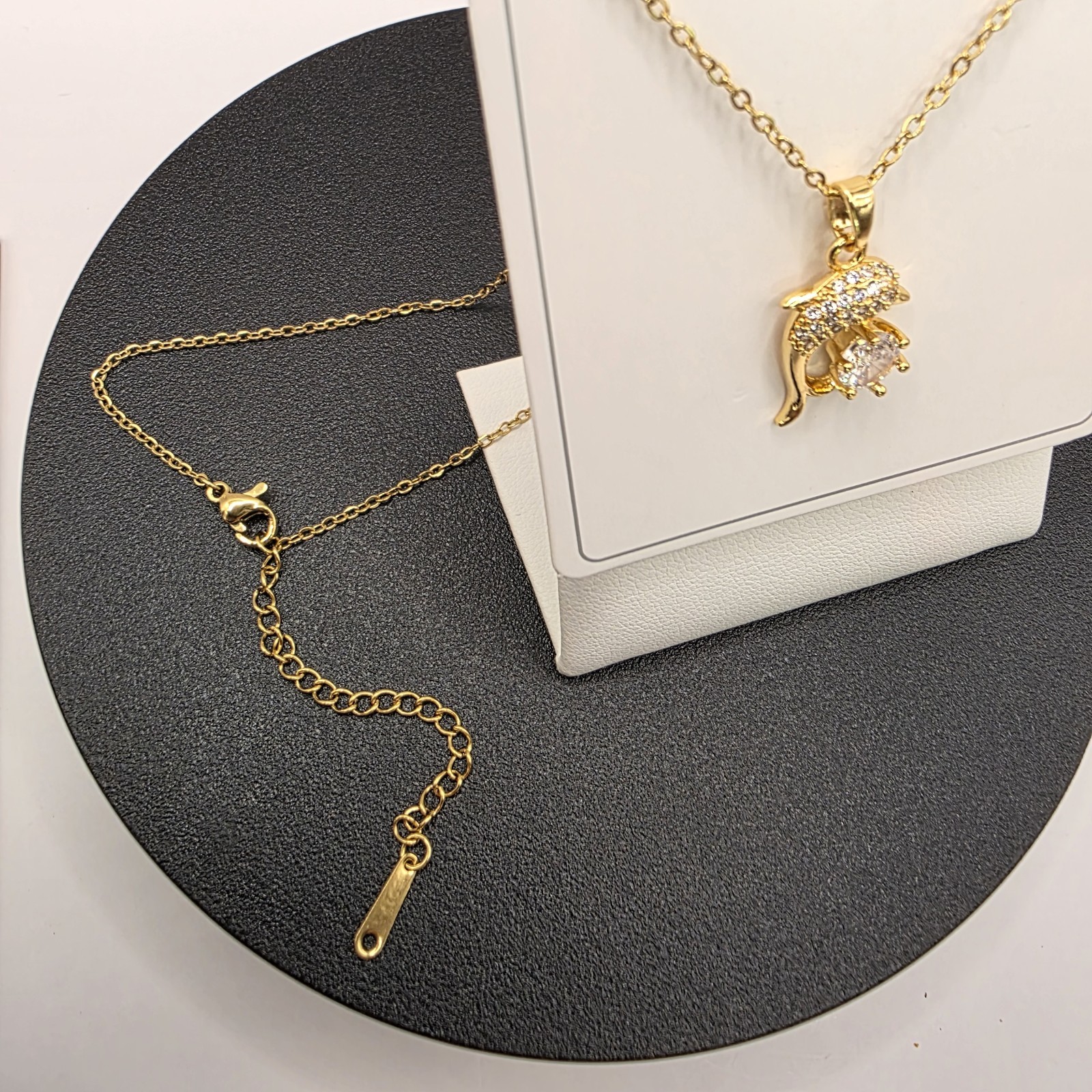 Stainless Steel Fashion Necklace 19mm Dolphin& 6mm CZ Copper Plated Length 16″
