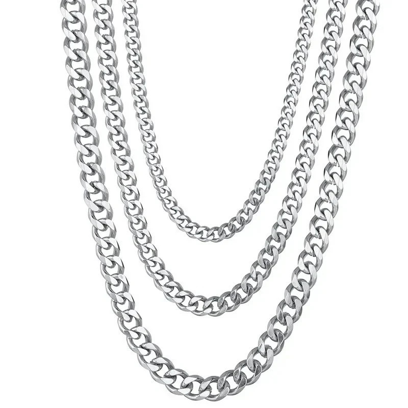 16-36″ Stainless Steel Silver Chain Cuban Curb Womens Mens Necklace 3/5/7/9/11mm