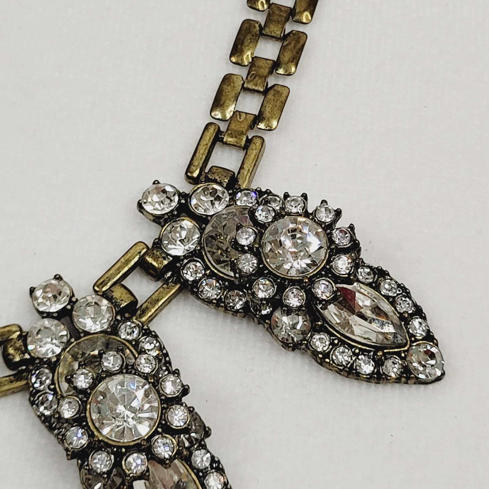 Antiqued Brass Tone Fashion Jewelry Necklace Colorless Rhinestones Statement Art