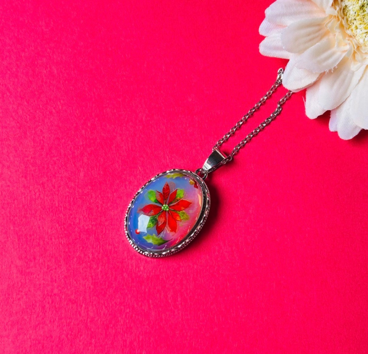 Opal Poinsettia Necklace | October Birthstone | Christmas Floral Pendant |