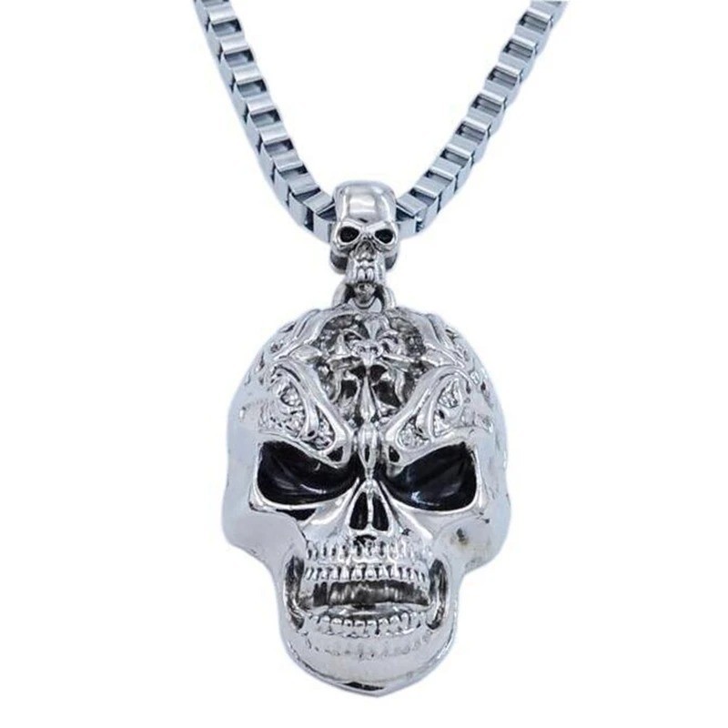 Mens Large 2″ Sugar Skull Metal Pendant Necklace 22″ Box Chain Biker Punk