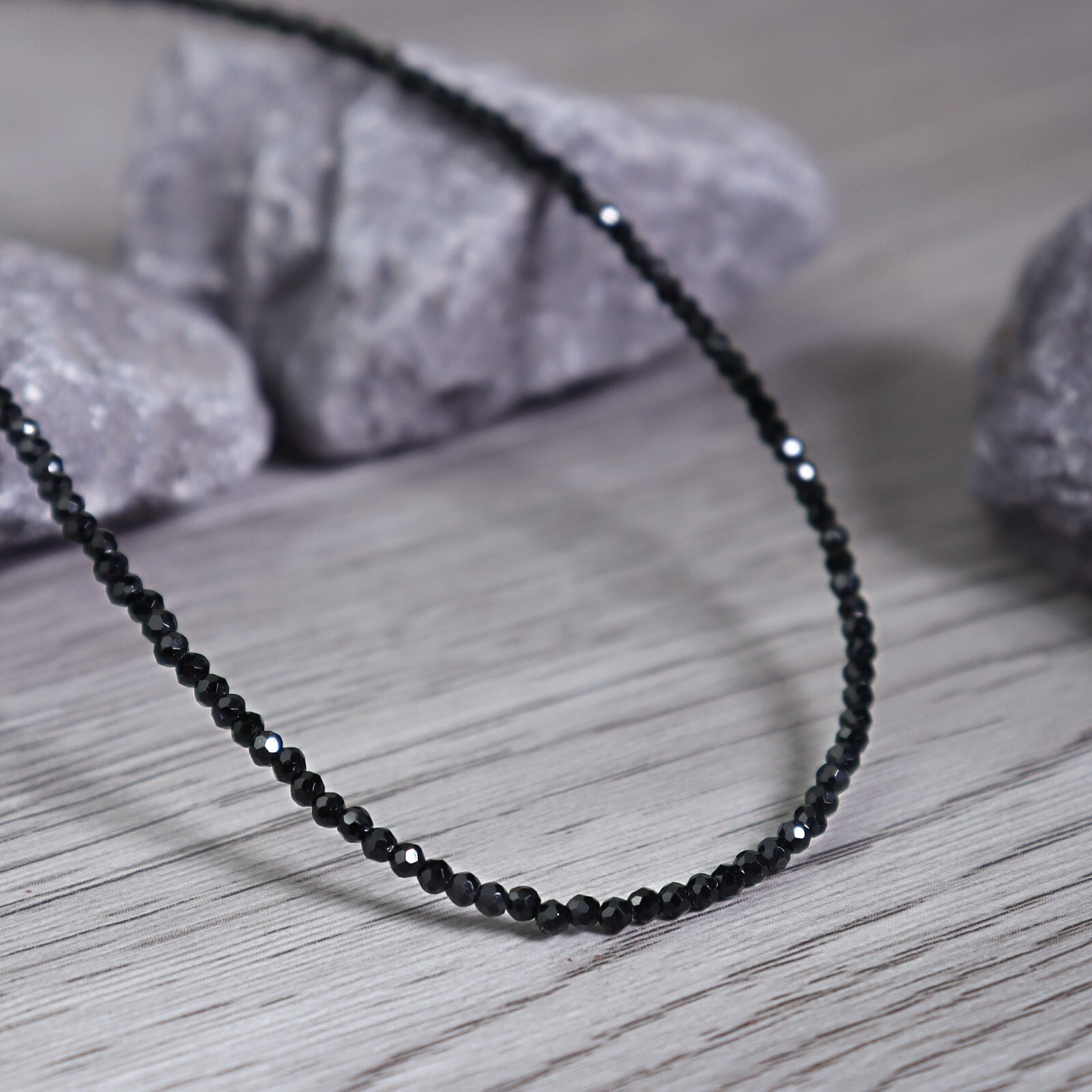 Black Tourmaline 2mm Beaded Choker Healing Minimalist Women Crystal Necklace