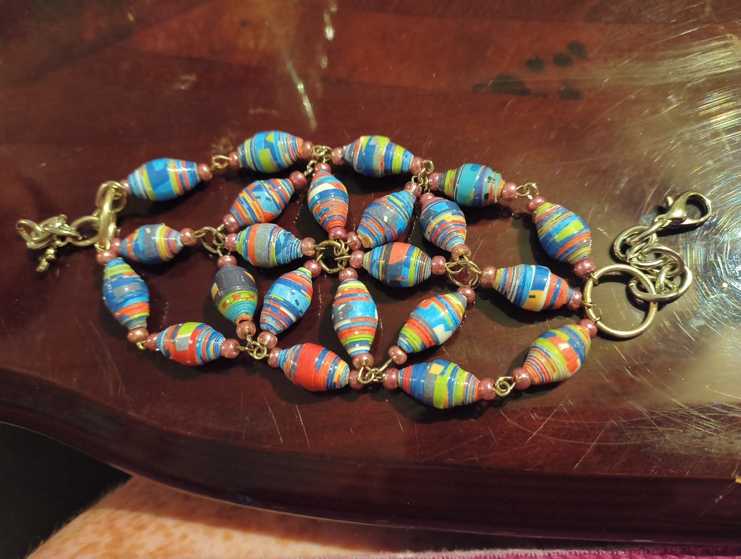 Vtg Paper Beaded Bracelet Colorful Cuff Boho Tribal 70s
