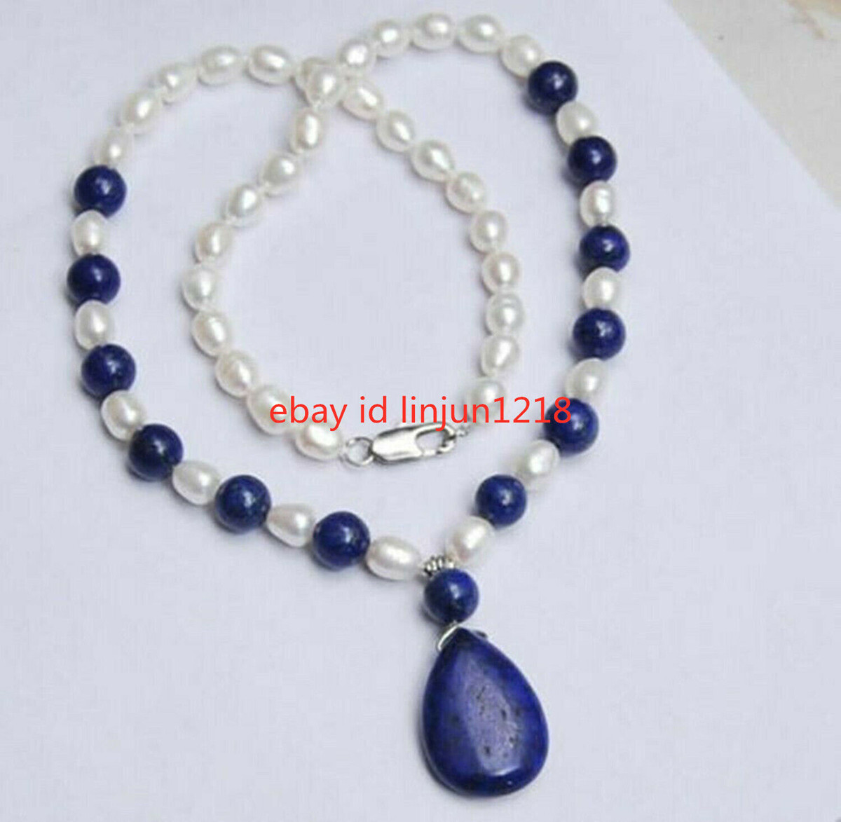 Natural 7-8MM White Akoya Pearl / 8mm Lapis Lazuli Pendant Necklace 18″