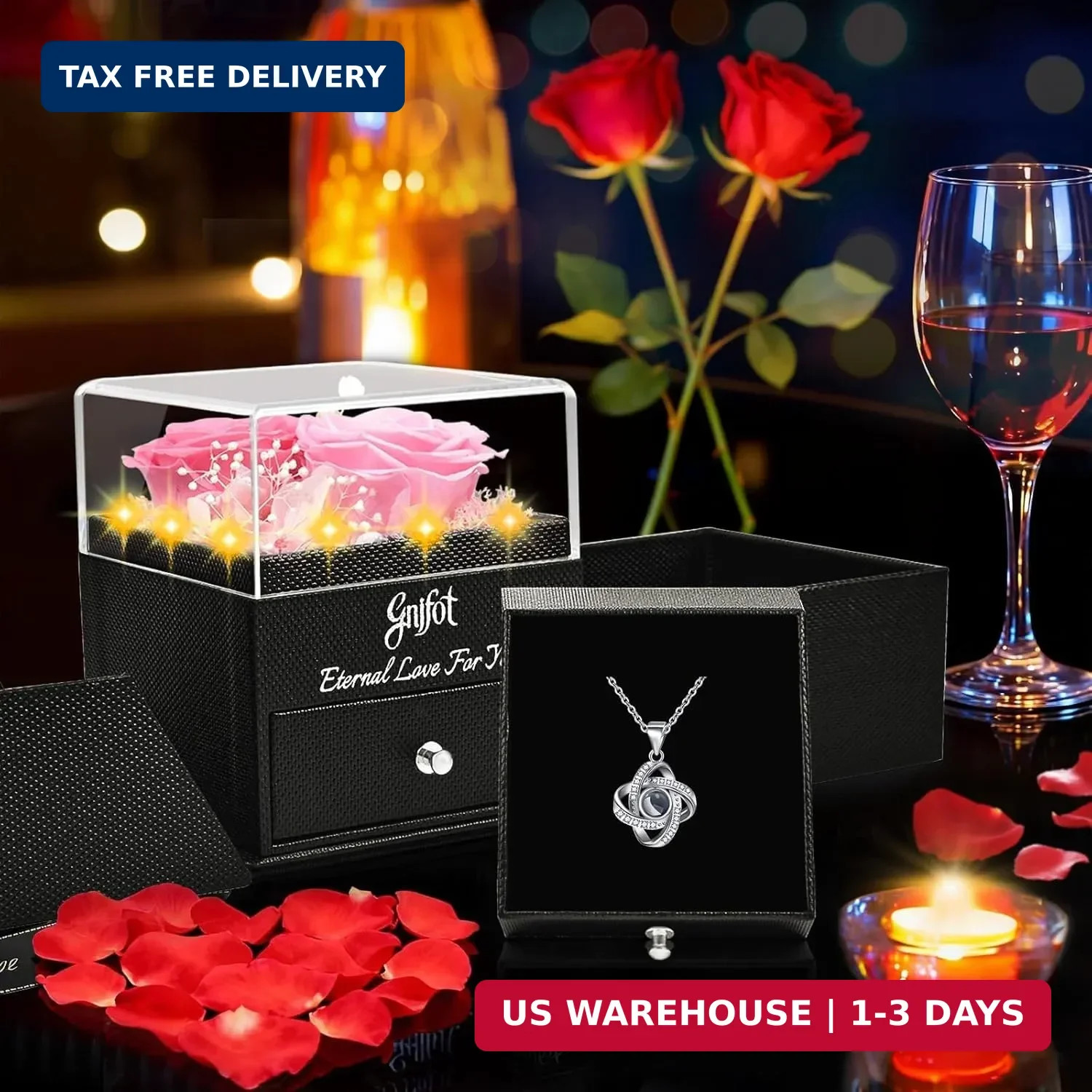 Preserved Pink Real Rose with I Love You in 100 Languages Necklace,Eternal Flowe