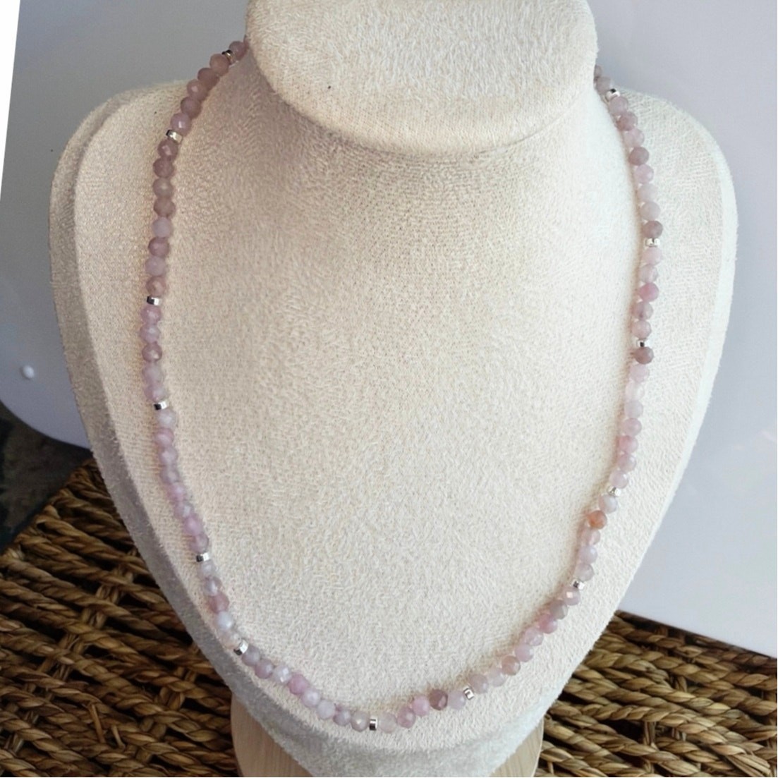 17.5″ Natural Madagascar Rose Quartz Necklace, Magnetic Clasp, Silver & Pink