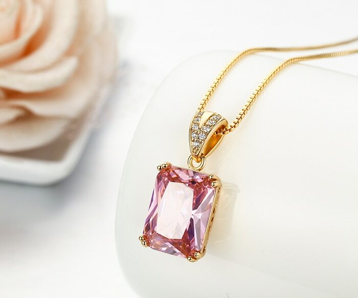 ZARD Pink CZ Solitaire Emerald Cut Pendant Necklace in Gold Vermeil