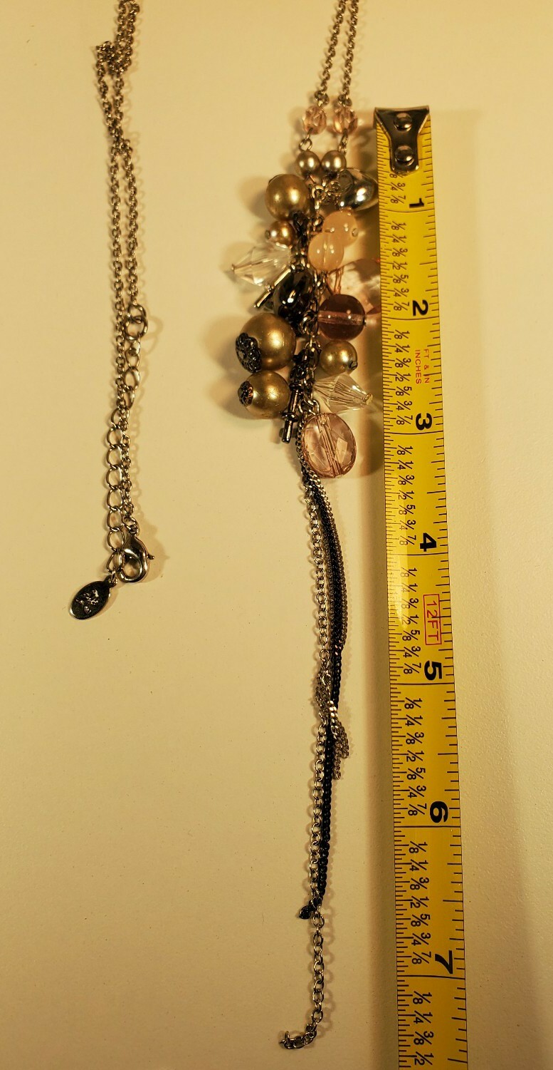 Cluster Necklace Silver Chain Pink Gold Beads 28-30″ With 7″ Drop Heart Keys