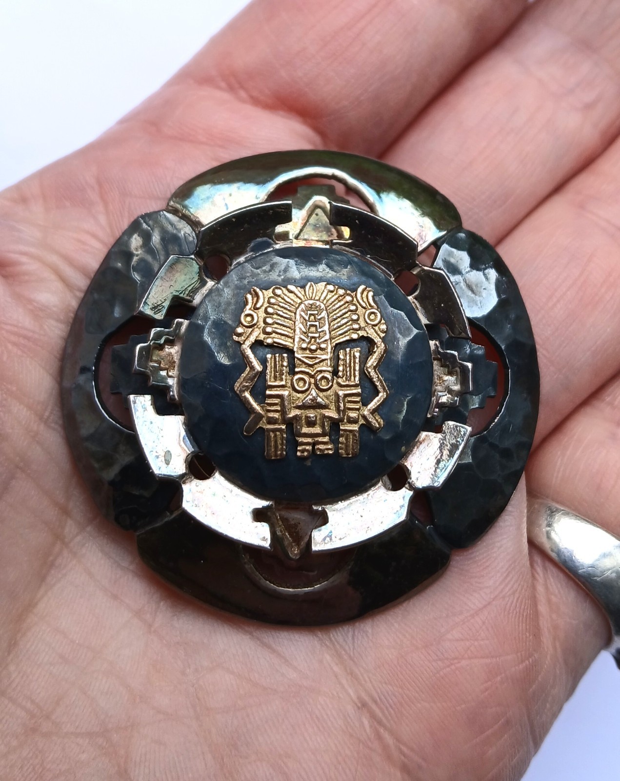 Vintage Peruvian pendant brooch sterling silver 18K gold carat tribal design
