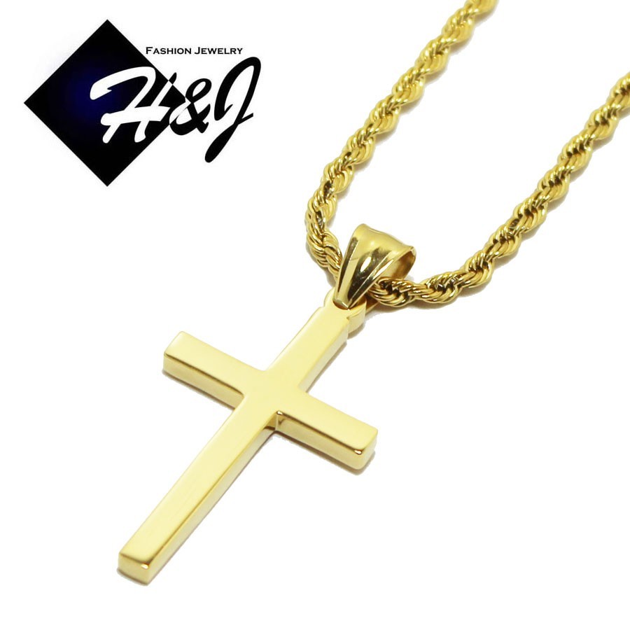 20″MEN Stainless Steel 2.5mm Gold Plated Rope Chain Necklace Cross Pendant*GP