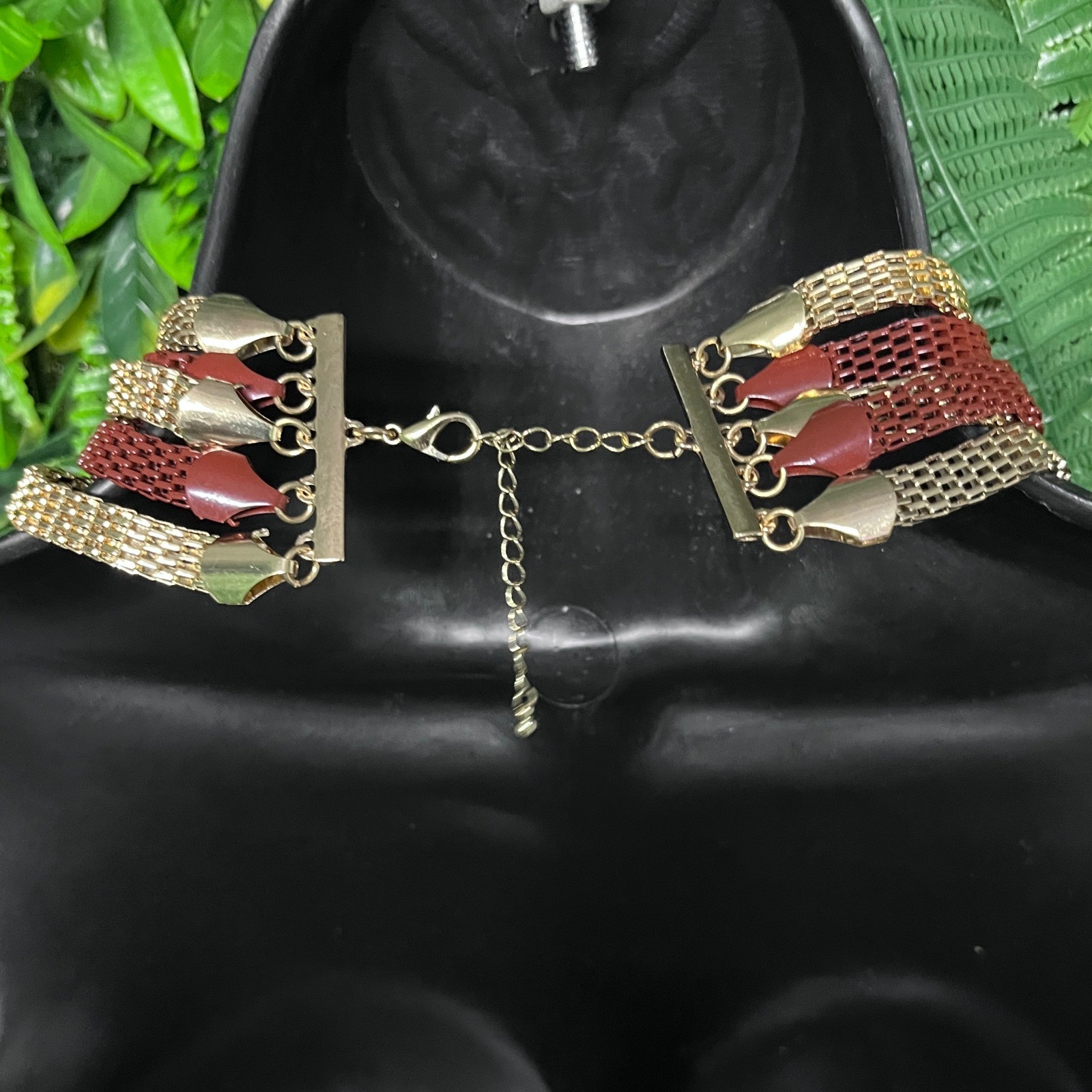 Multi Strand Statement Necklace Gold and Terracotta Red Mesh Chain Tiered 3817