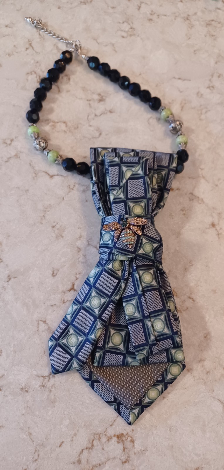 Handcrafted Necktie Necklace Rhinestone Bee Brooch