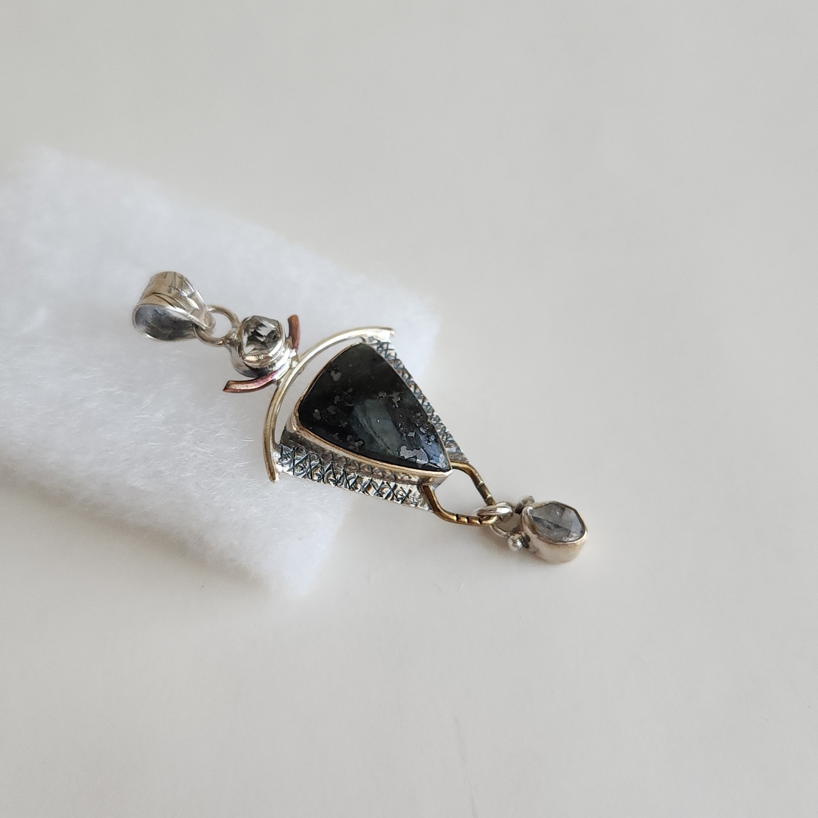 Sterling Silver Black Moss Agate Pendant 925 Artisan Mixed Metal 5.3g