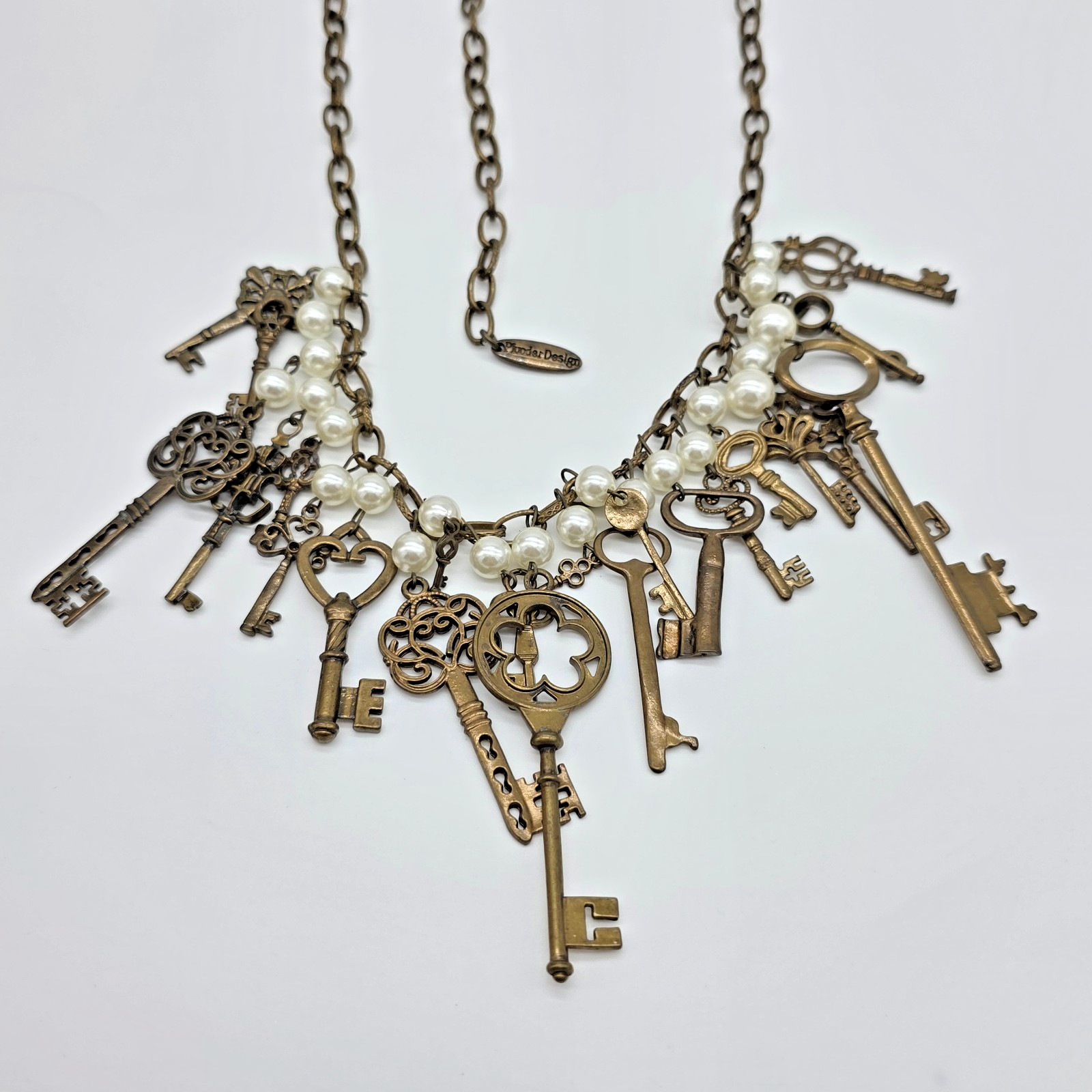Plunder QUINCY Antique Bronze Fringe Necklace Pearls Brass Skeleton Keys 36”