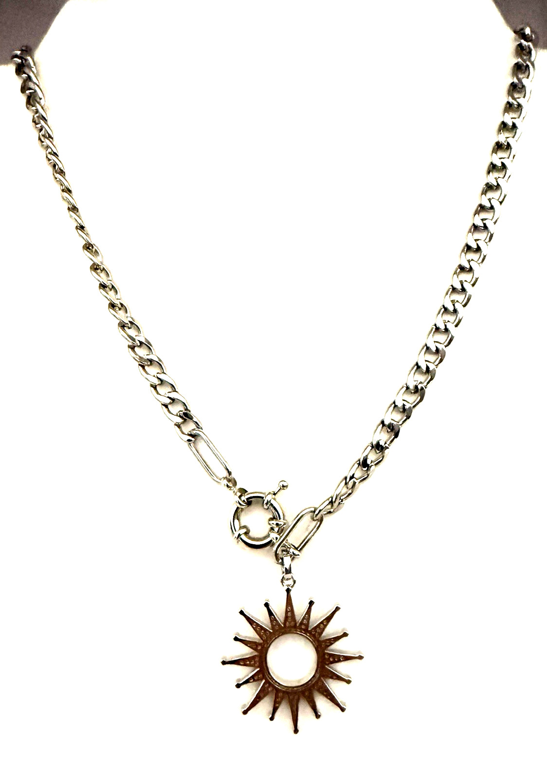 MELANIA CLARA 17″ Silver Tone Crystal Sunburst Pendant Front Clasp Necklace