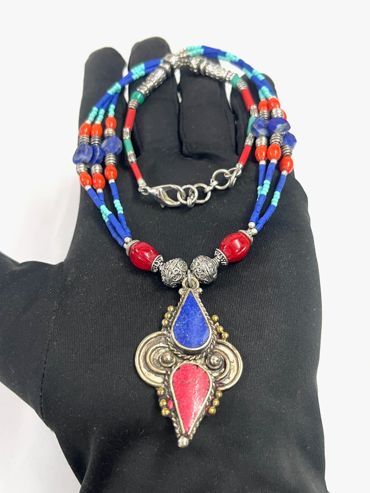 Antique Lapis Coral Gemstone Tibetan Statement Necklace Jewelry, 17 inch Adj