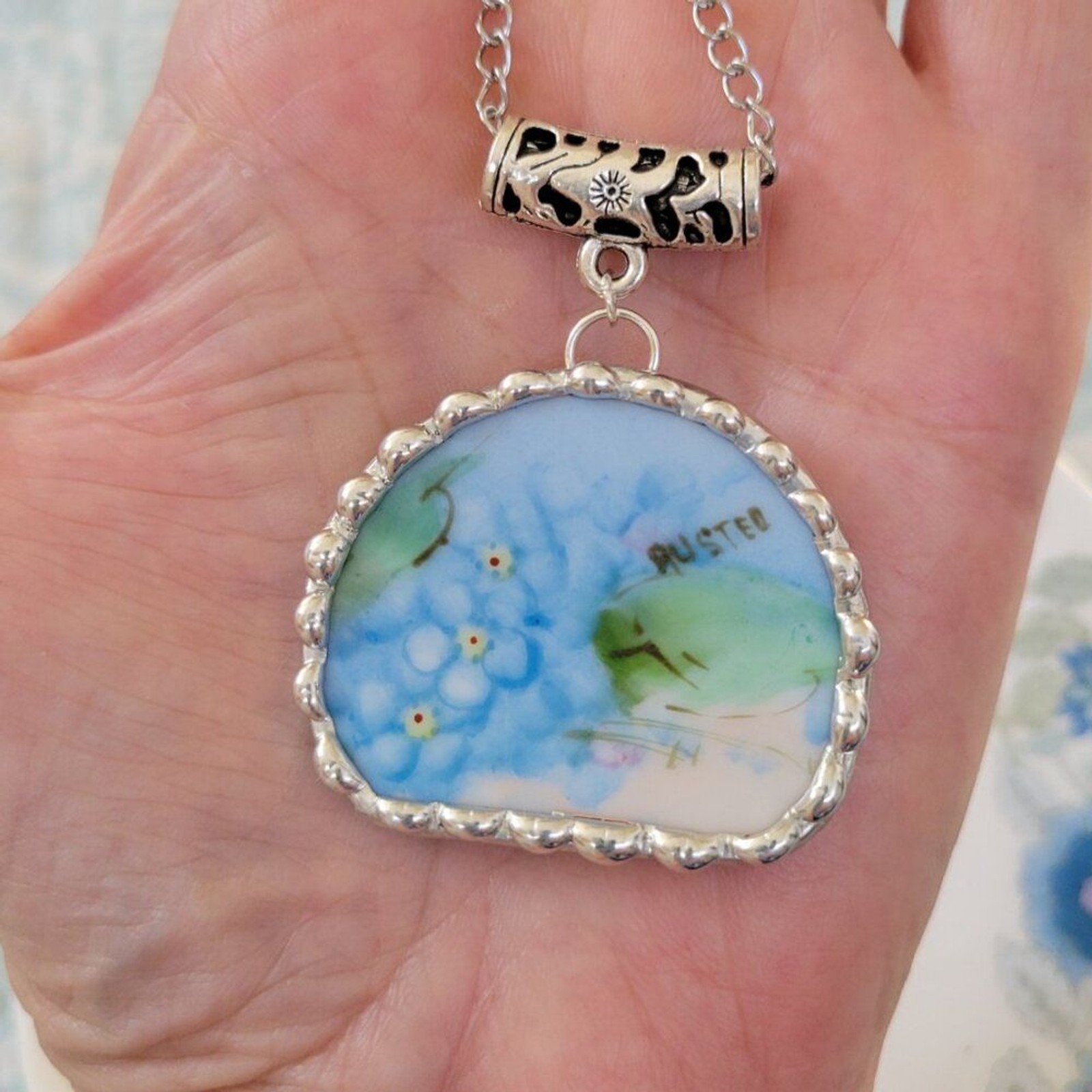 Sevres Bavaria Signed Hand Painted Forget Me Not Broken China Soldered Pendant