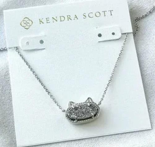 ⭐️Kendra Scott Elisa Cat Kitty Rhodium Platinum Gray Drusy pendant necklace new