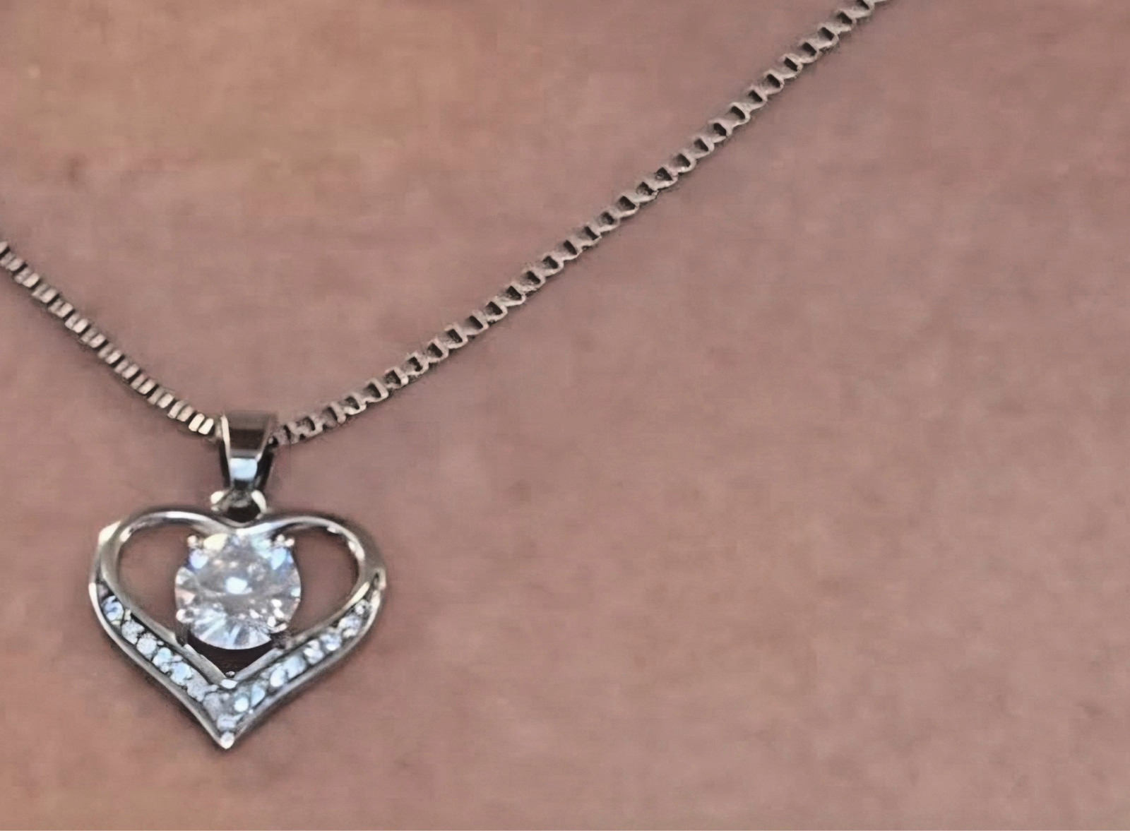 Cubic Zirconia Heart Pendant Necklace | Stainless Steel 16″ Venetian Box Chain