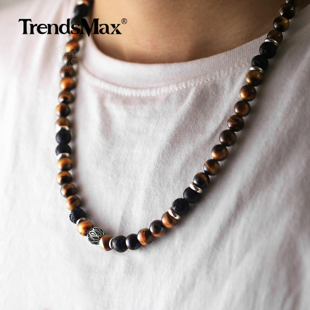 8mm 24″ Natural Tiger Eye Stone Lava Beads Necklace Stainless Steel Charm Choker