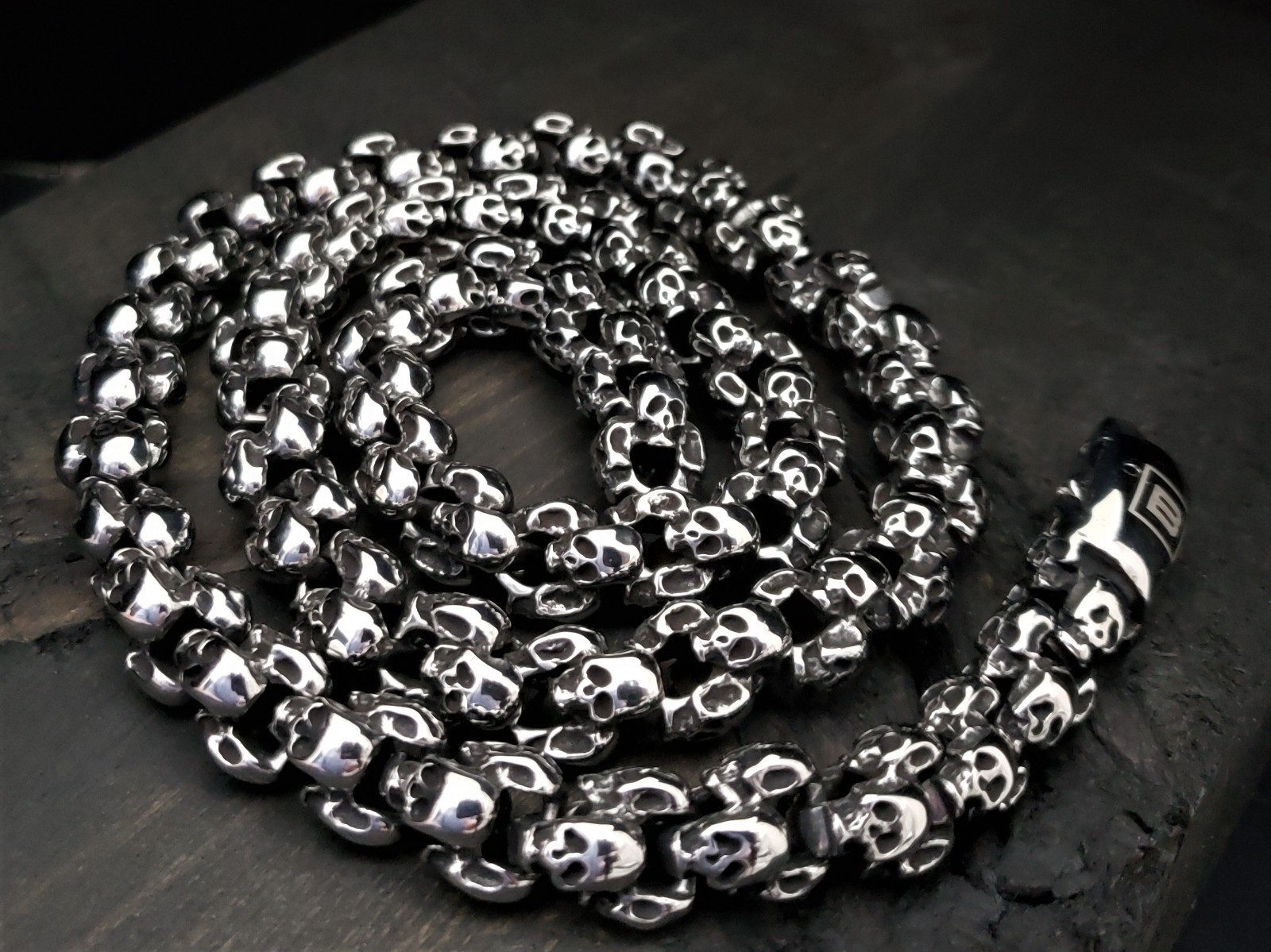 Skull Biker Necklace – Polished Silver Stainless Steel, 26″ Chain – BLACKSTATIC
