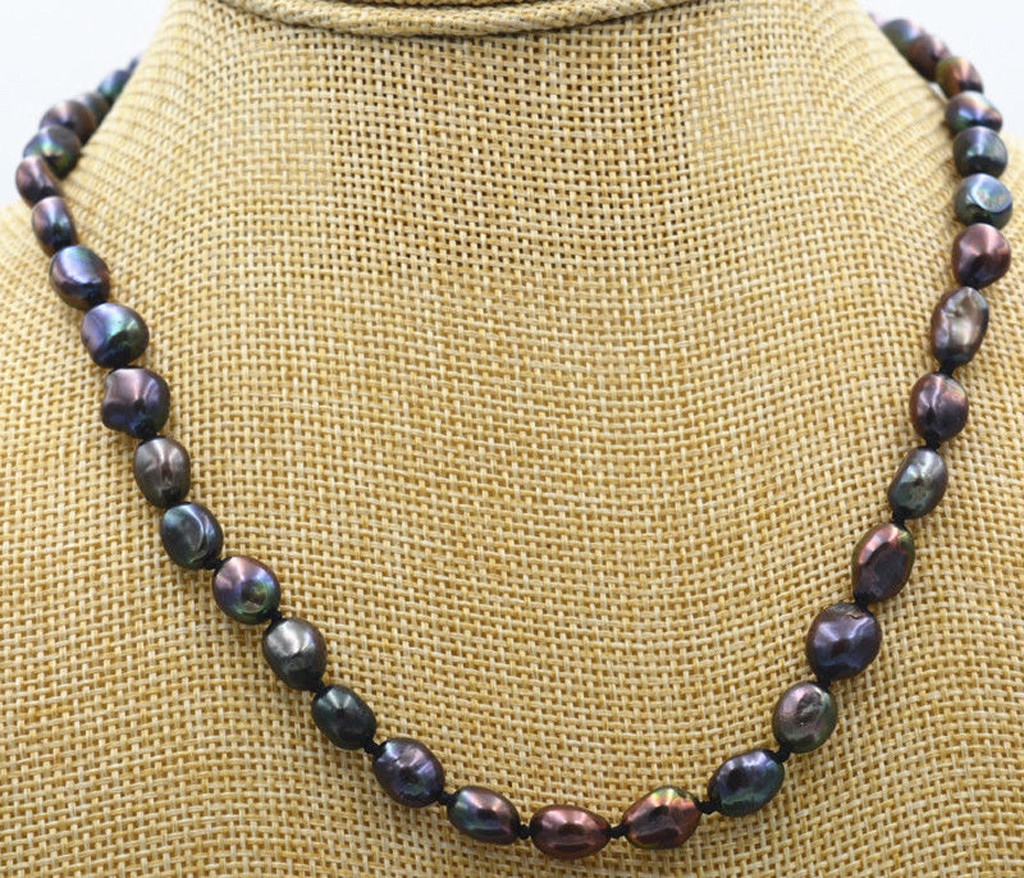 Natural 7-8mm Black Akoya Cultured Baroque Pearl Necklace 18”