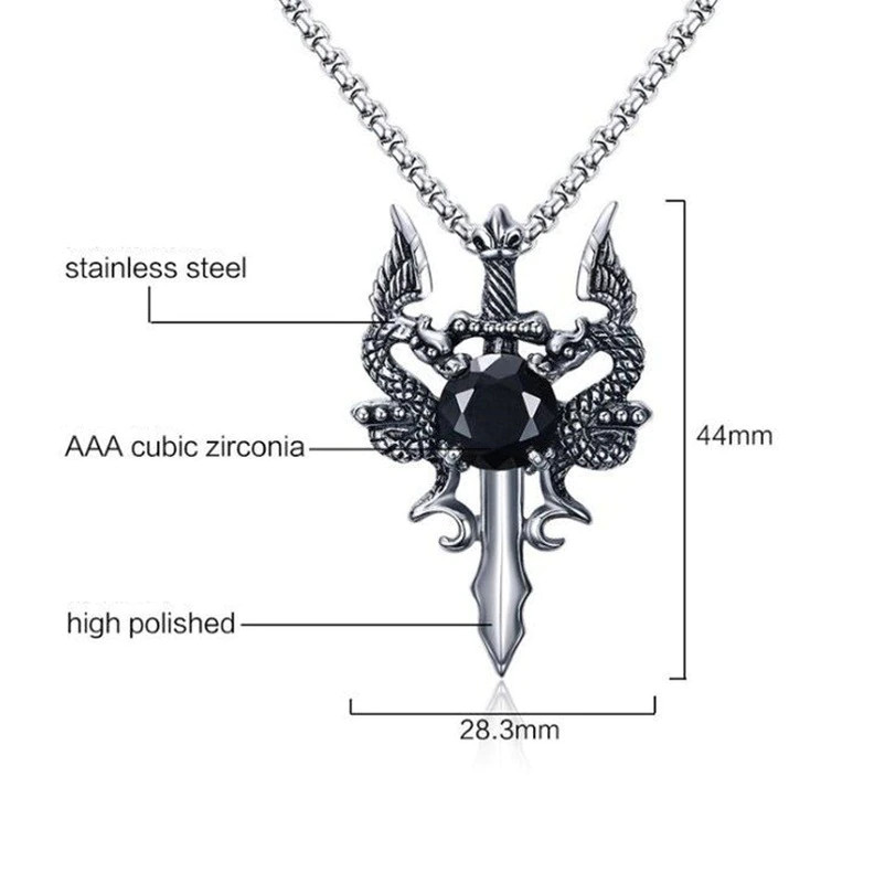 Men’s Fashion Jewelry Gothic Silver Double Dragon Sword Pendant Necklace 1-93