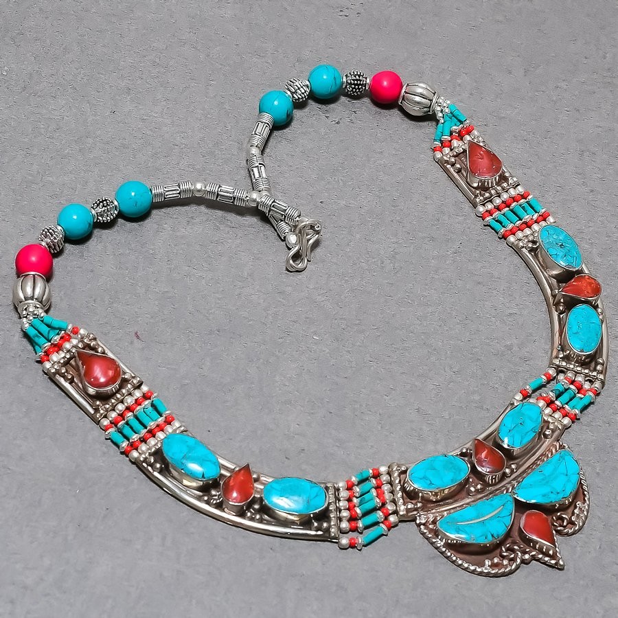 Turquoise Coral Gemstone Tibetan Necklace Ethnic Handmade Jewelry Nepali 18″ N48