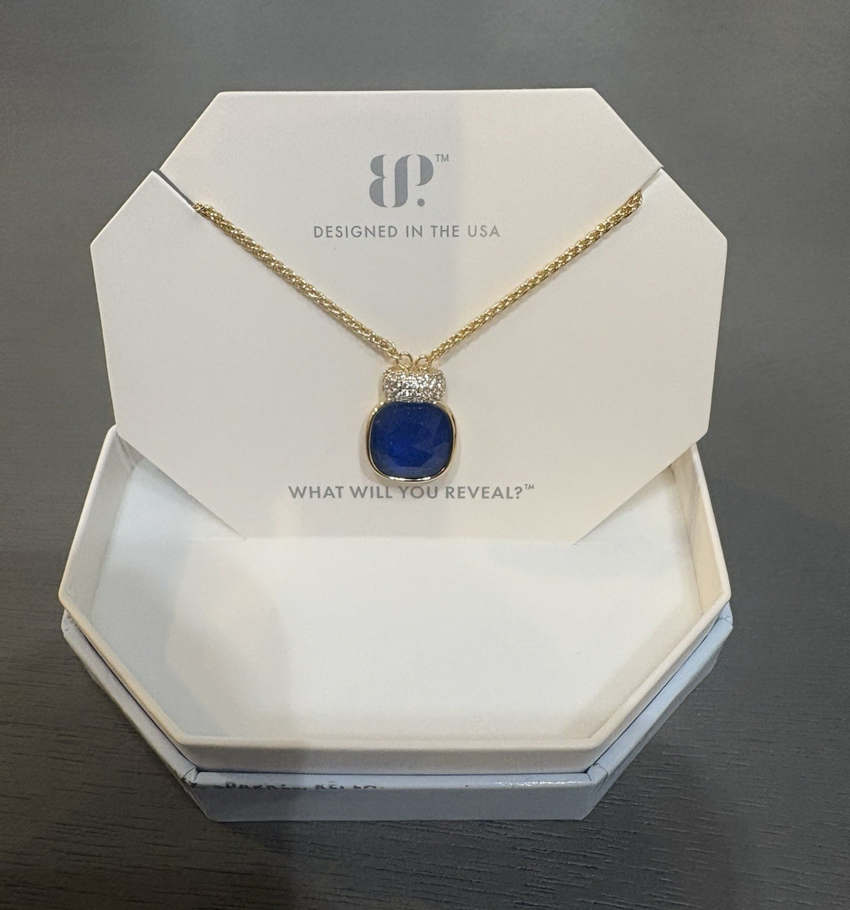 BP Gold Plated Lab Blue Sapphire Square Charm Pendant Necklace 18″ NK67481