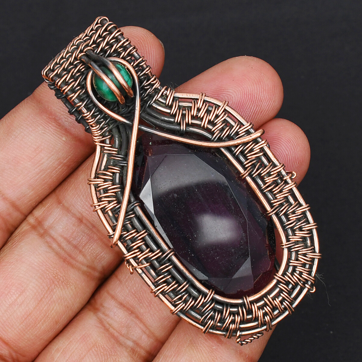 Amethyst Gemstone Copper Wire Pendant with Copper Cable Chain Necklace Jewelry
