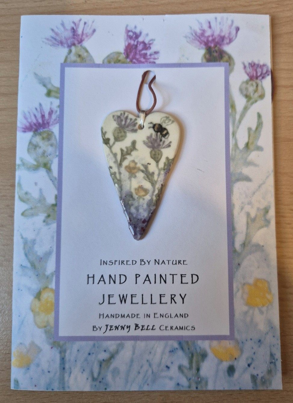 Thistle ceramic pendant – Hand Painted – height 6 cm – cord 46 cm