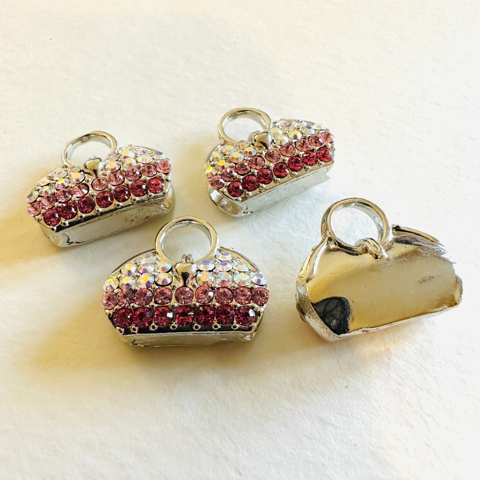 WM521 21x19mm metal purse pendant, pink & AB rhinestones, handle for hanging (4)