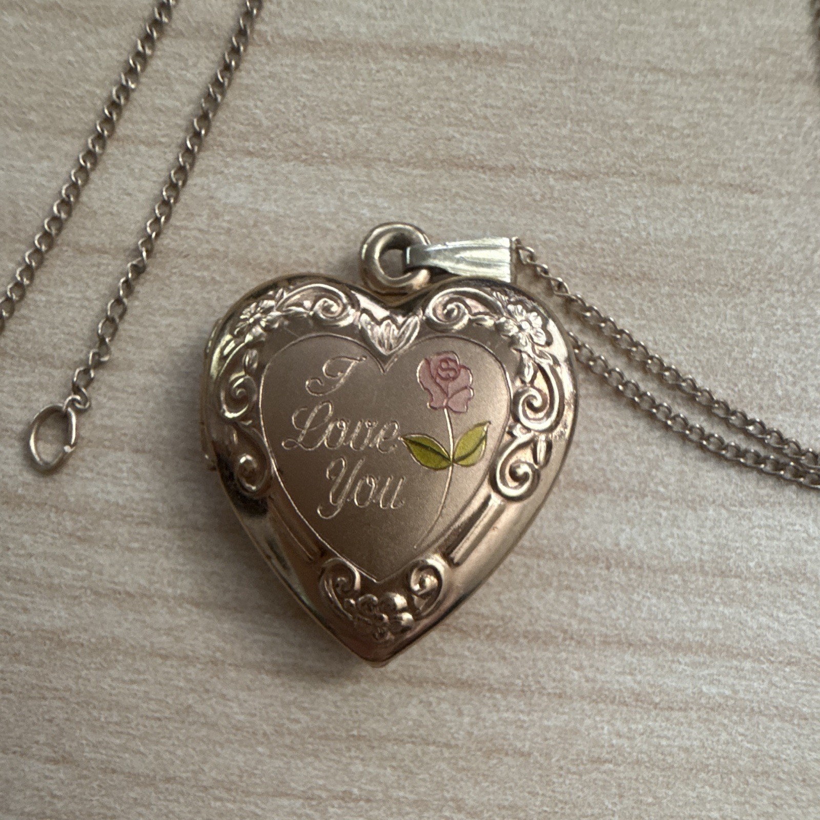 Vintage 14K Gold Filled I Love You Heart Locket Necklace Sterling Silver Bail