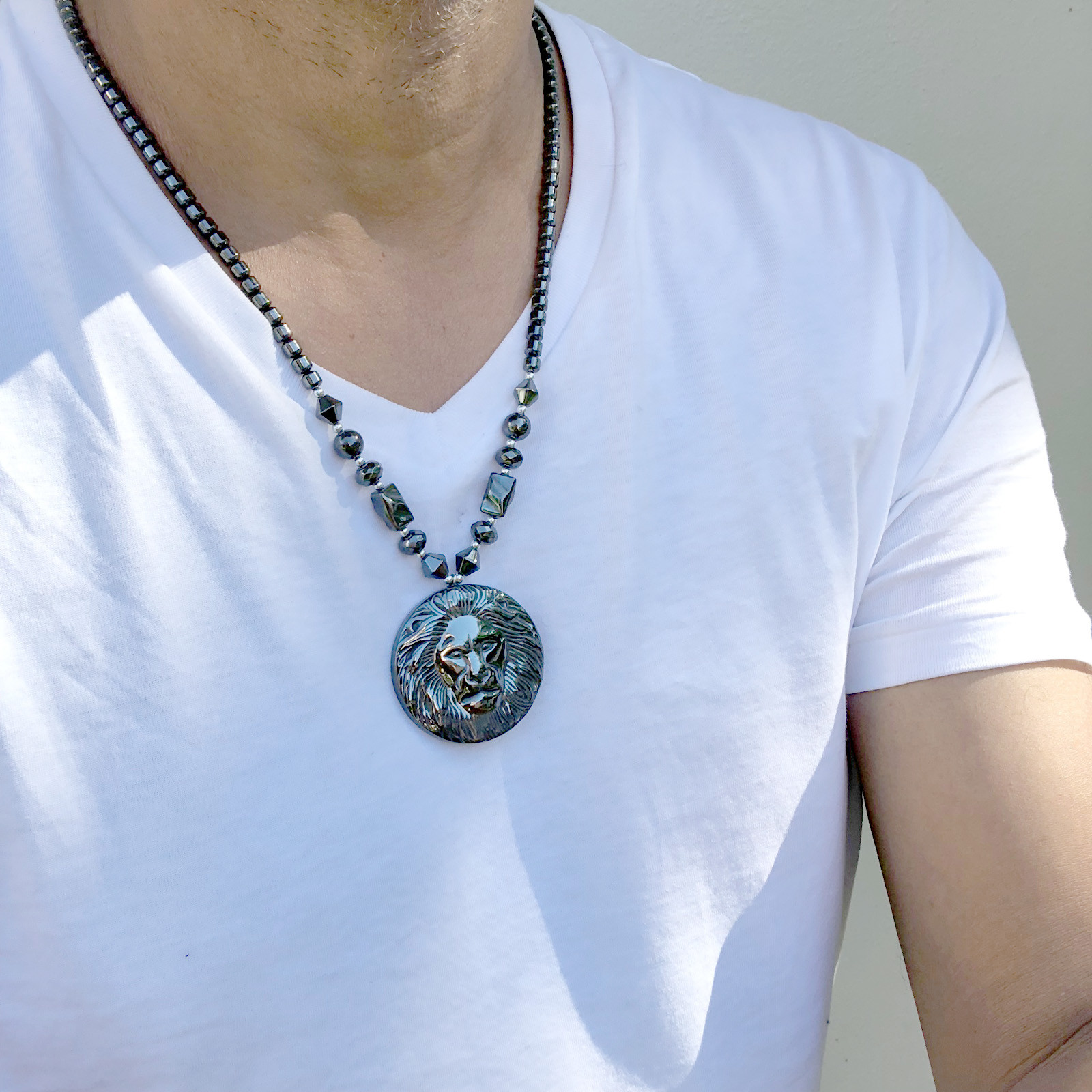 Hematite Necklace Lion Pendant Jah Love Rasta Africa Reggae Rasta 26″ 4mm