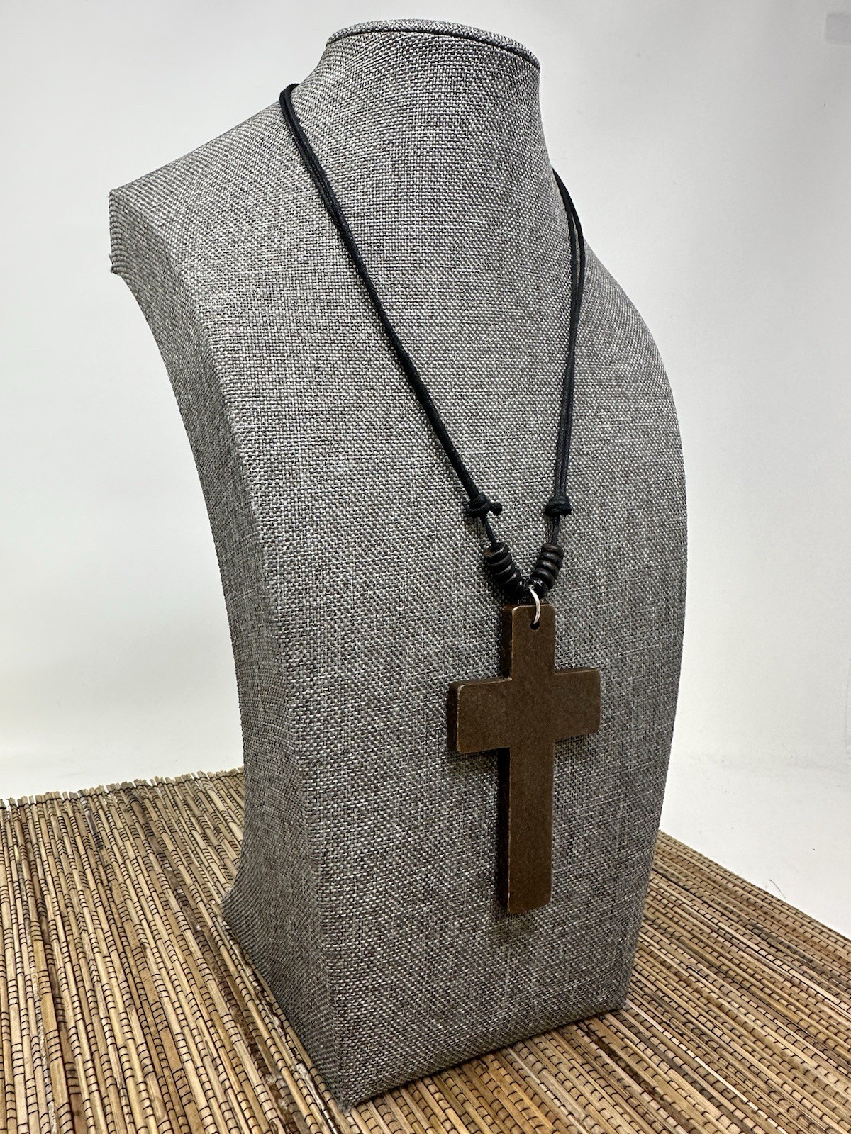 Wooden Cross Necklace 3in Brown Pendant Adjustable 16‑30in Sliding Knots Unisex