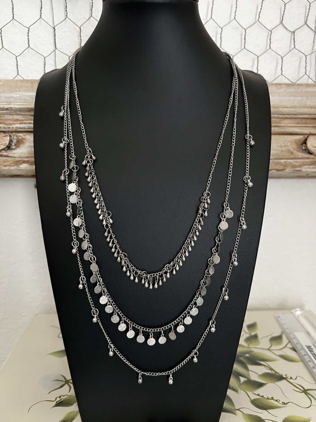 Silver Tone Layered Coin Charm Necklace Boho Multi Strand Statement Jewelry