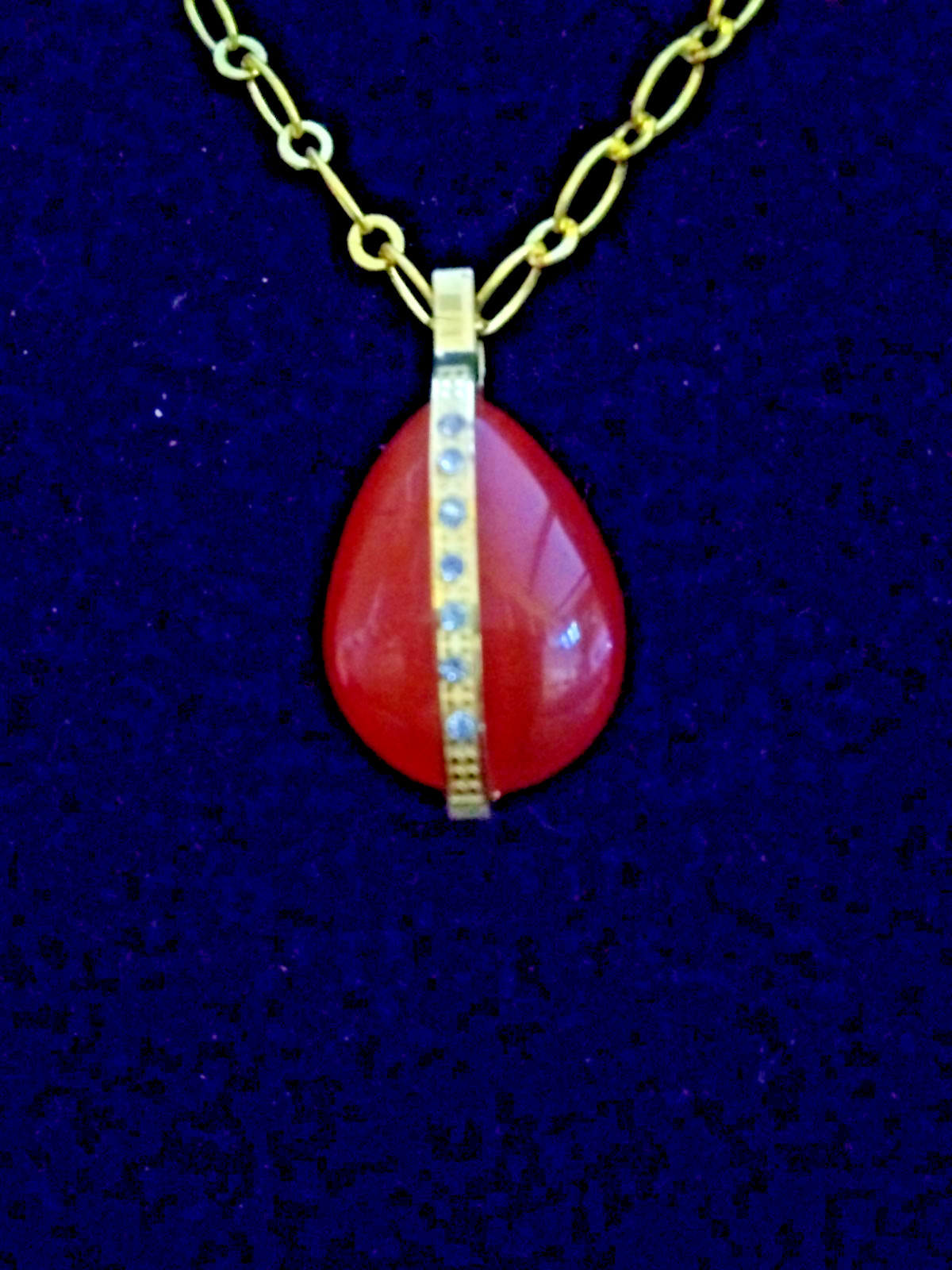 Gold Tone Orange Teardrop Pendant Necklace Vertical Bar Accent Gold Chain