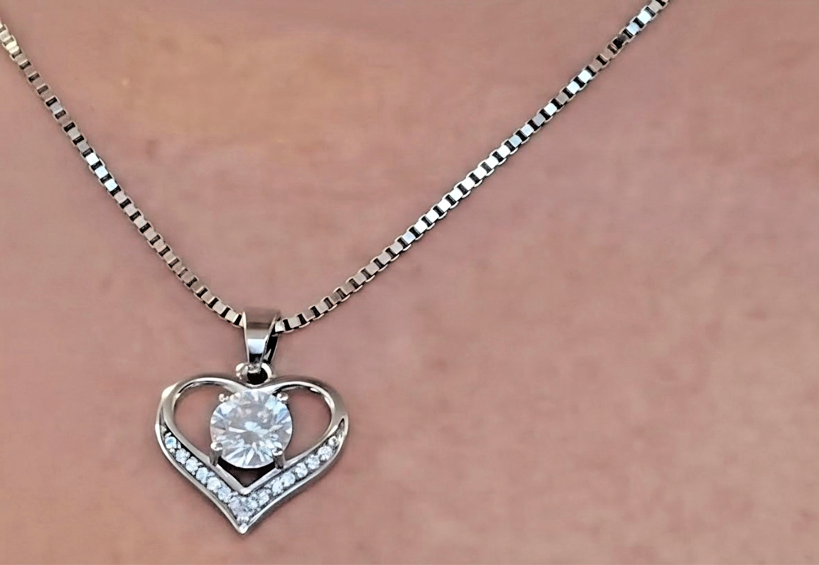 Cubic Zirconia Heart Pendant Necklace | Stainless Steel 16″ Venetian Box Chain