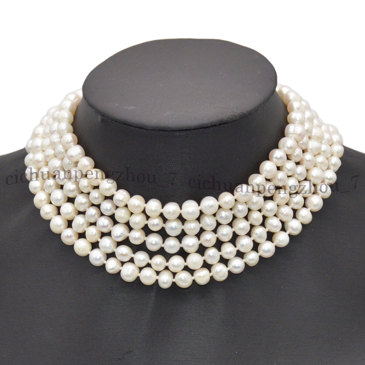 5 Rows Natural 7-8mm White Akoya Cultured Pearl Choker Layered Necklace 14.5”