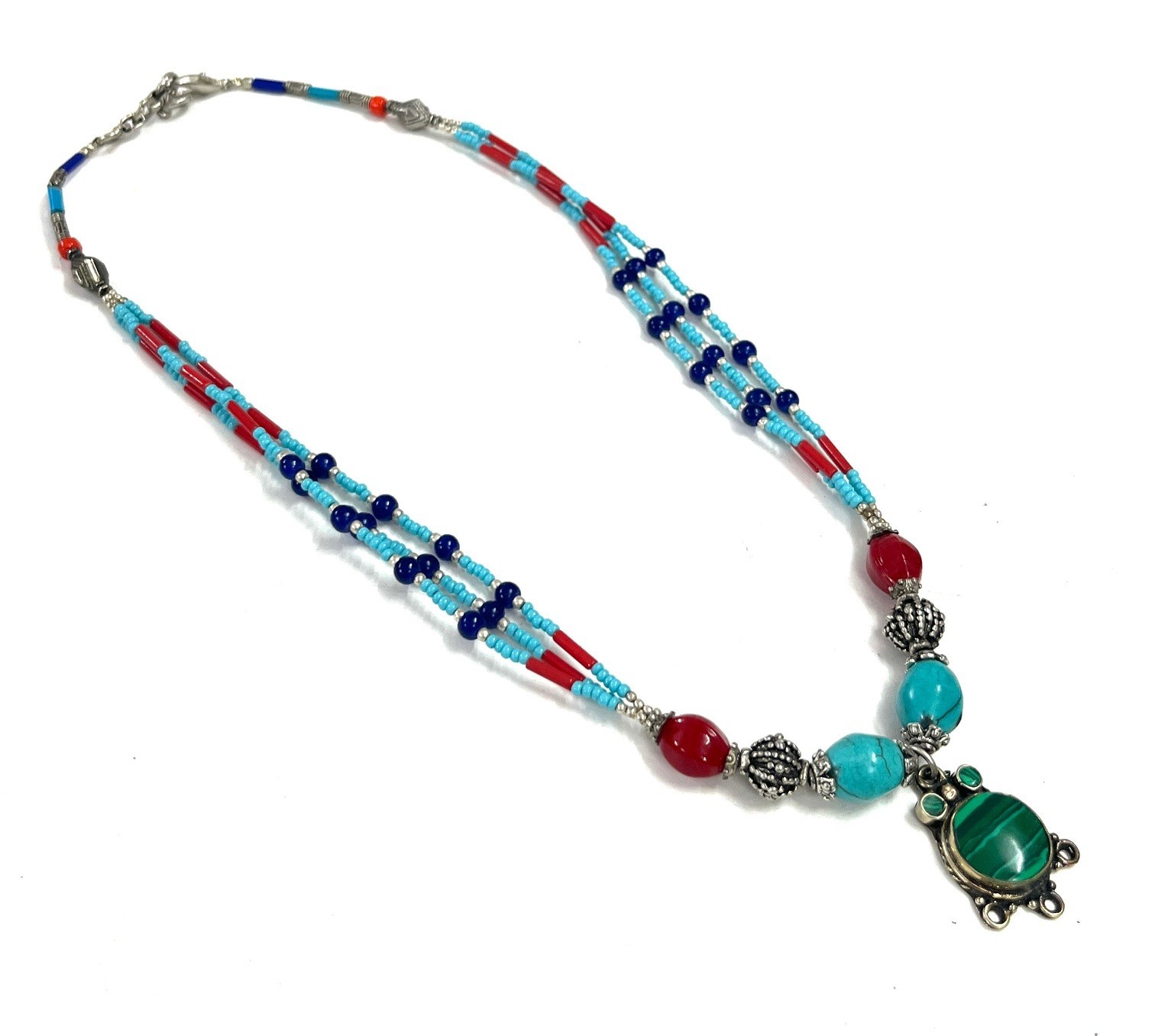 Turquoise Lapis Gemstone Tibetan Boho Pendant Necklace Jewelry, 17 Inc Adjs